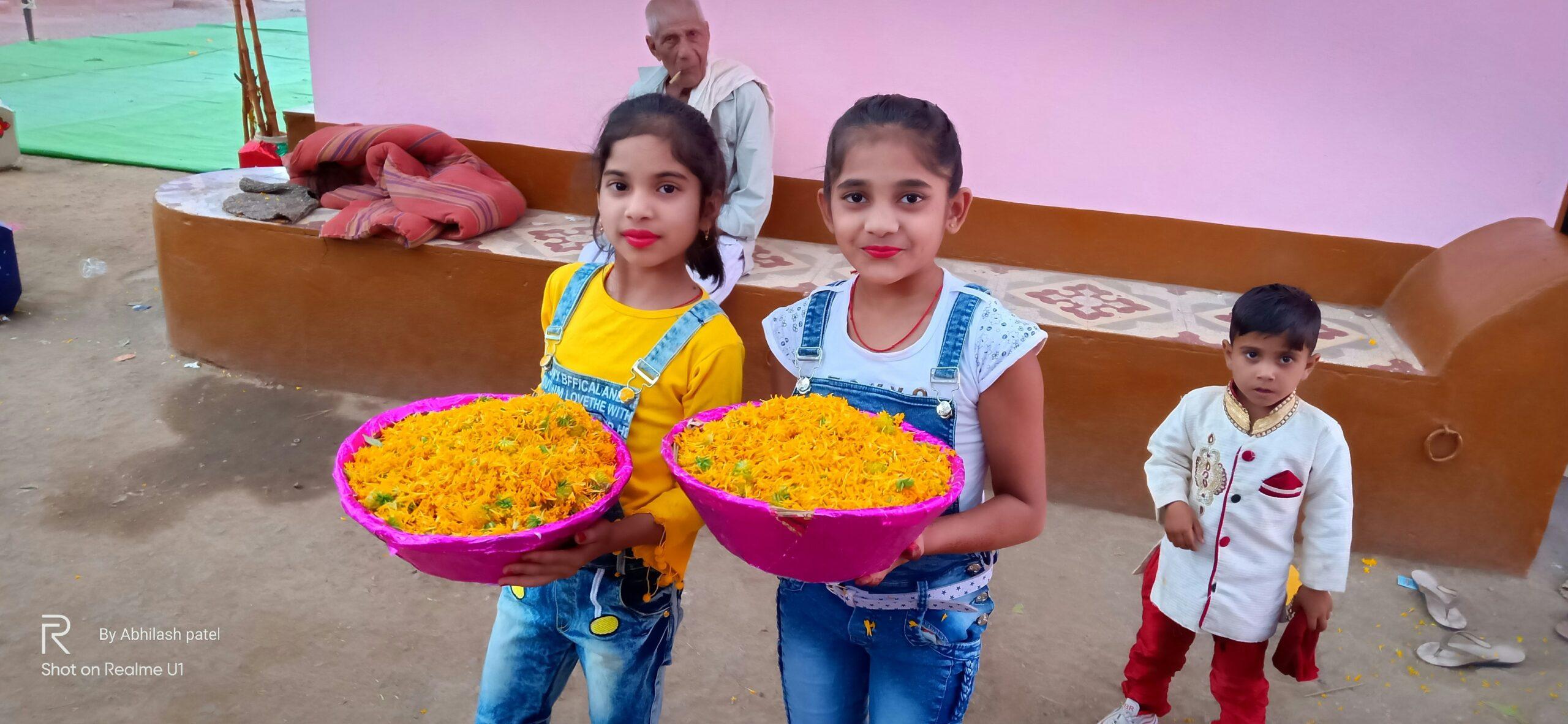Children happily making crafts with flowers
