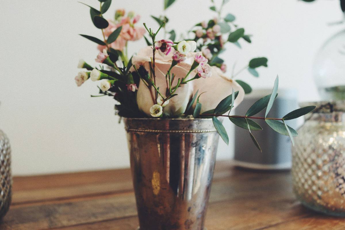 Close-up image of an organic flower arrangement with lavender and baby's breath